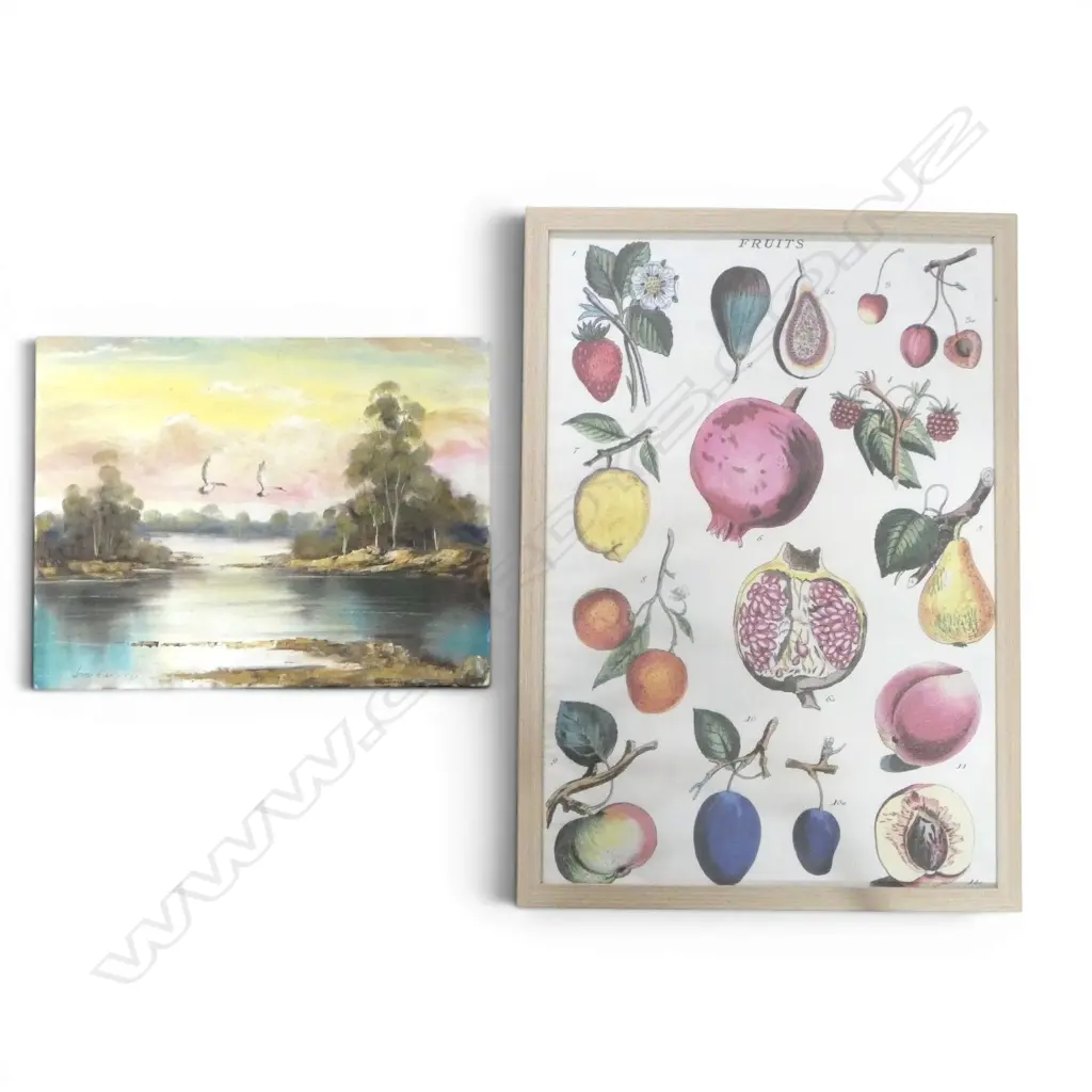 2 X  ART WORK FRENCH PRINT " LES FRUITS" & LANDSCAPE OIL ON CANVAS WITH FLYING DUCKS Image 1++