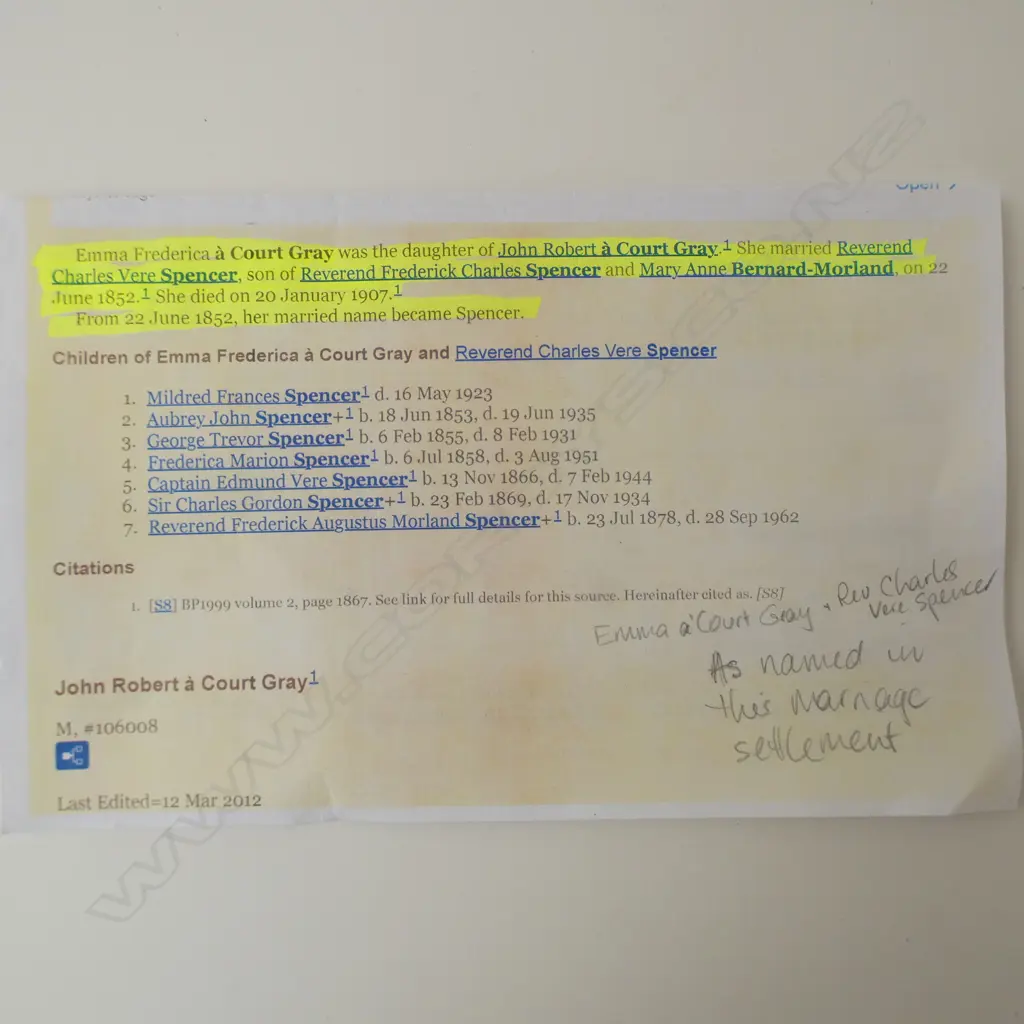 1852 MARRIAGE SETTLEMENT ON PARCHMENT PAPER - EMMA FREDERICA A COURT GRAY / REVEREND CHARLES VERE SPENCER Image 1++