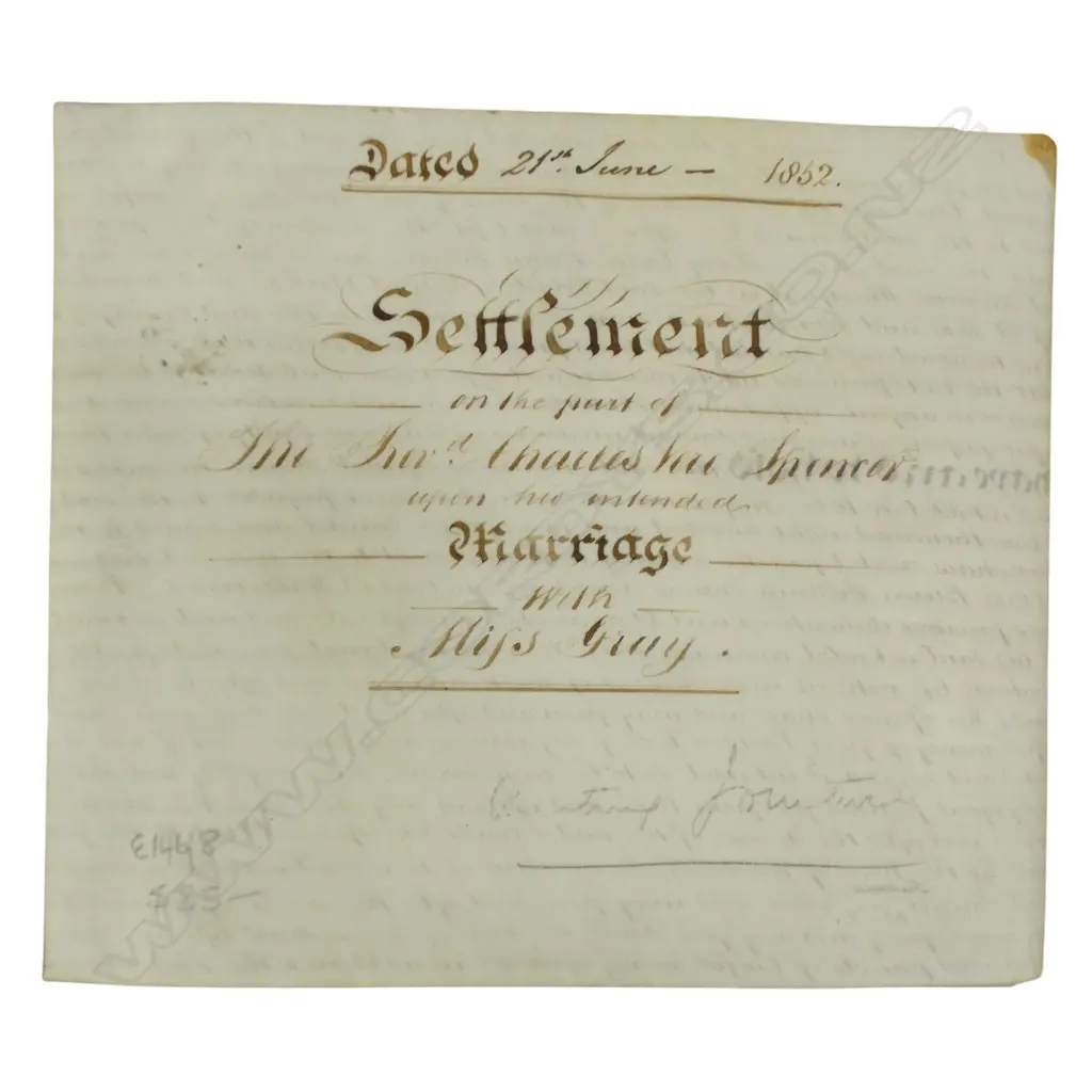 1852 MARRIAGE SETTLEMENT ON PARCHMENT PAPER - EMMA FREDERICA A COURT GRAY / REVEREND CHARLES VERE SPENCER Image 1++