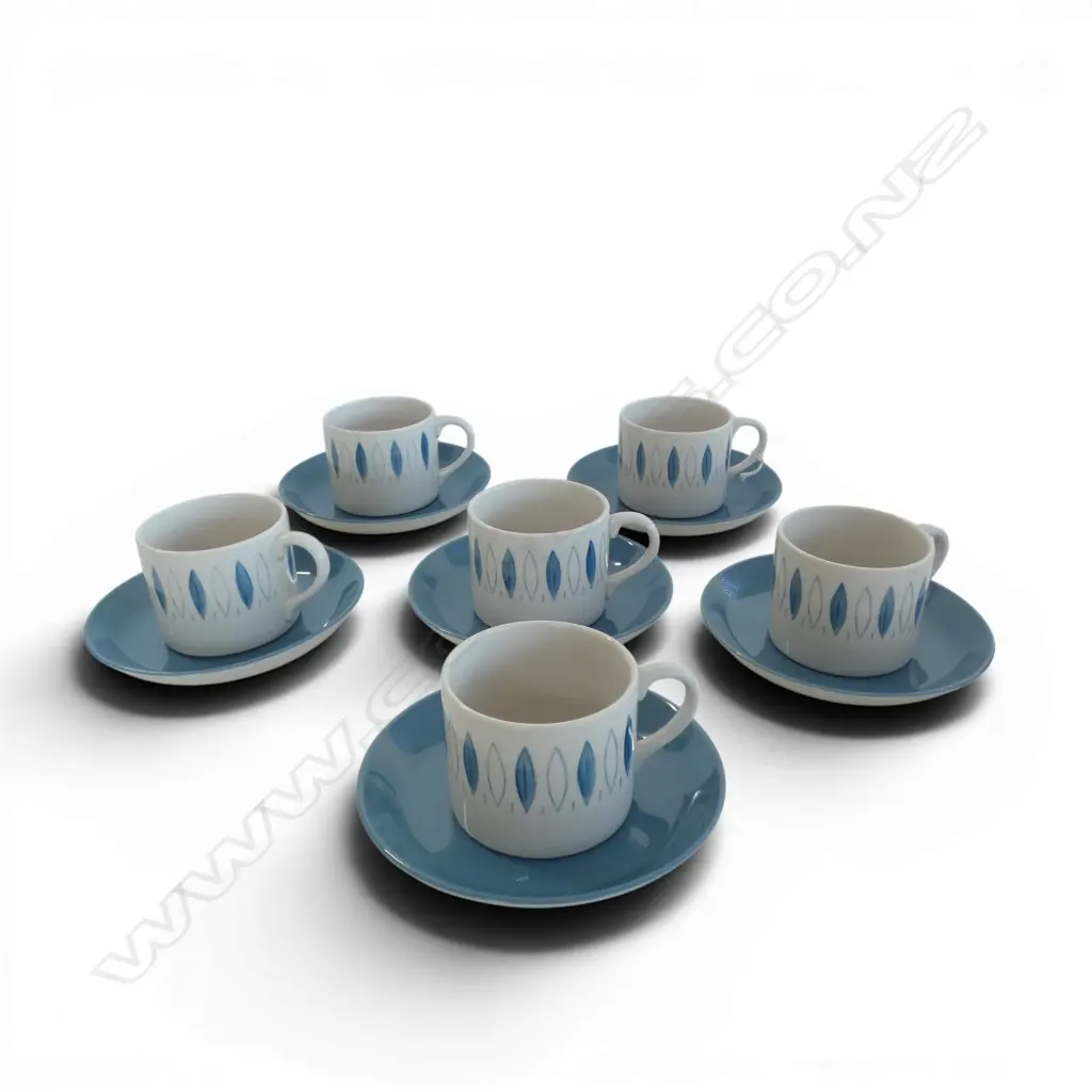 SET OF 6 C/LYNN BLUE TANGO PAT COFFEE CUPS & SAUCERS Image 1++