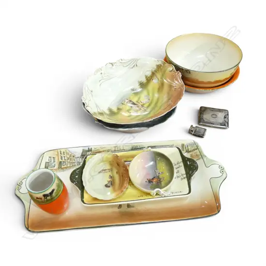 9 PCES ASST. CHINA; 4 LG BOWLS, ROYAL DOULTON, BAYREUTH ETC + CARD CASE & LIGHTER