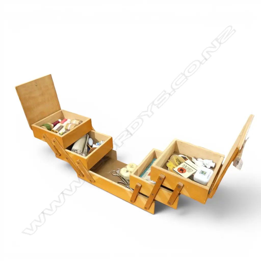 VINTAGE WOODEN SEWING BOX w contents, 390x180x190mm Image 1++