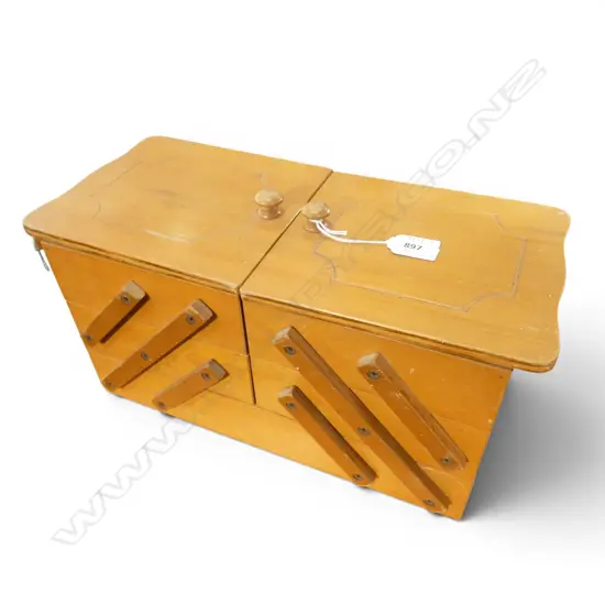 VINTAGE WOODEN SEWING BOX w contents, 390x180x190mm