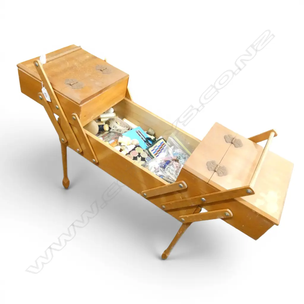 VINTAGE WOODEN SEWING BOX ON LEGS w contents, 430x200x440mm Image 1++