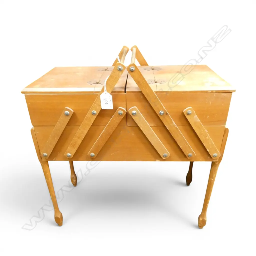 VINTAGE WOODEN SEWING BOX ON LEGS w contents, 430x200x440mm Image 1++