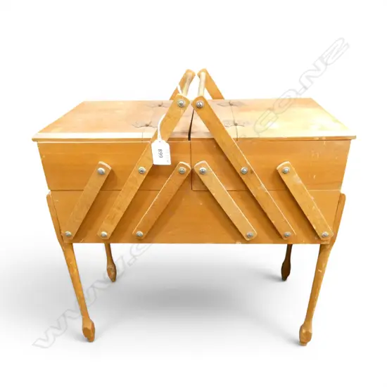 VINTAGE WOODEN SEWING BOX ON LEGS w contents, 430x200x440mm