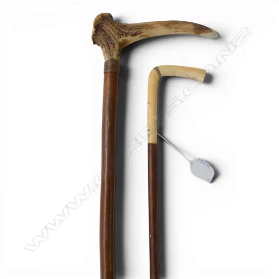 2 VINTAGE WALKINGSTICKS IVORY & DEER ANTLER HANDLES 