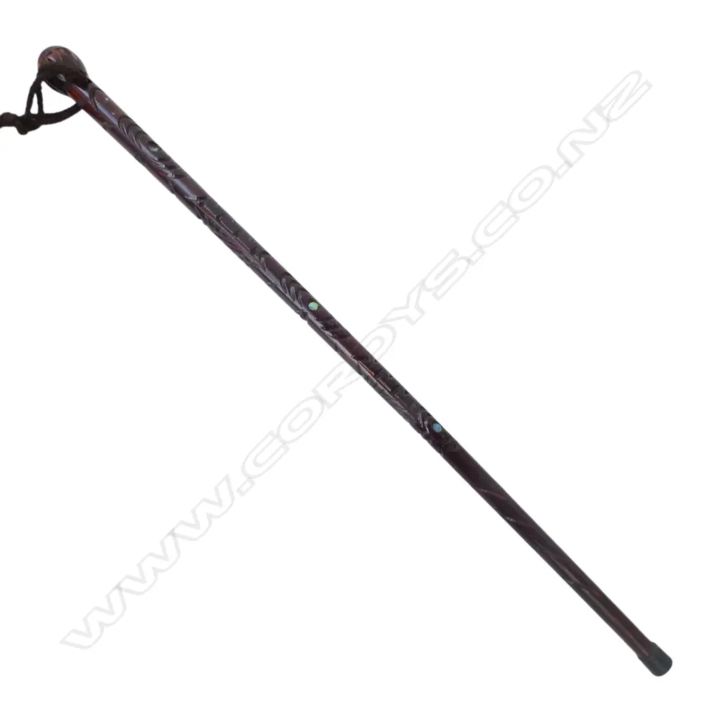 CARVED WOODEN WALKING STICK w. INSET PAUA SHELL L.900mm Image 1++