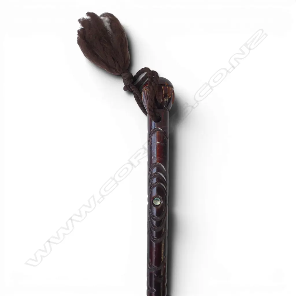 CARVED WOODEN WALKING STICK w. INSET PAUA SHELL L.900mm Image 1++