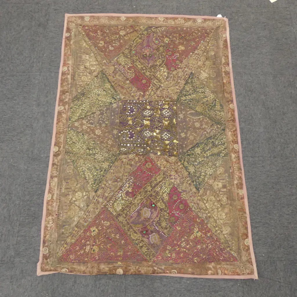 VINTAGE ASIAN EMBROIDERED WALL HANGING, W.1460x950mm Image 1++