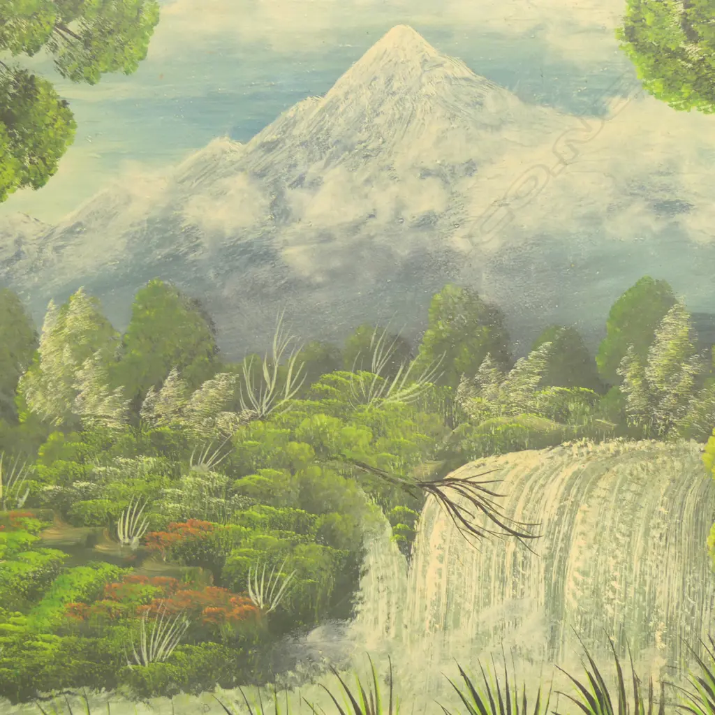 JOY FRIIS, NAIVE LANDSCAPE WITH WATERFALL' OIL ON BOARD, SIGNED 380 X 780mm Image 1++