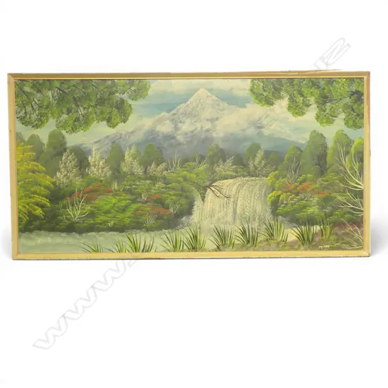 JOY FRIIS, NAIVE LANDSCAPE WITH WATERFALL' OIL ON BOARD, SIGNED 380 X 780mm