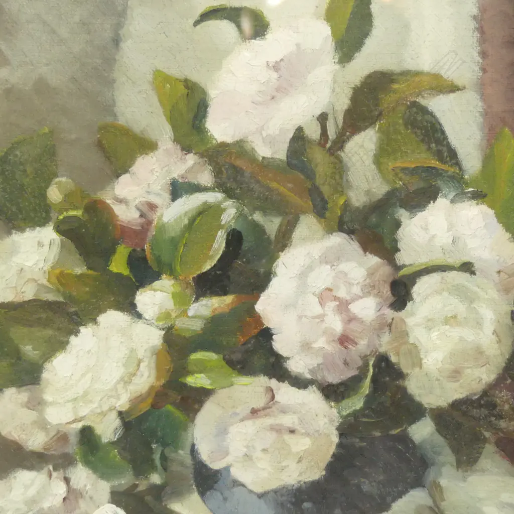 FLORENCE LUXFORD, STILL LIFE WITH WHITE ROSES, OIL ON BOARD, 395 X 450mm Image 1++