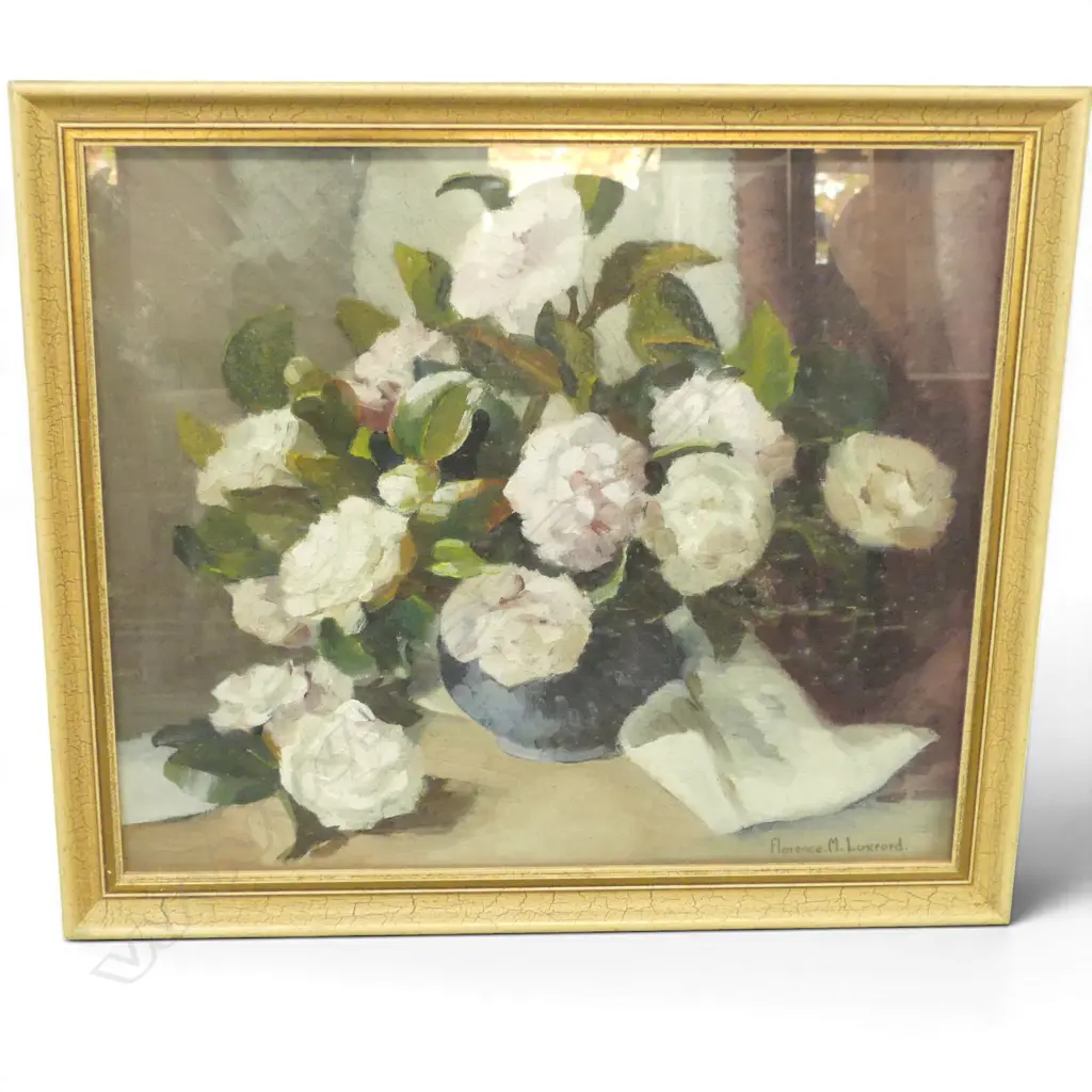 FLORENCE LUXFORD, STILL LIFE WITH WHITE ROSES, OIL ON BOARD, 395 X 450mm Image 1++