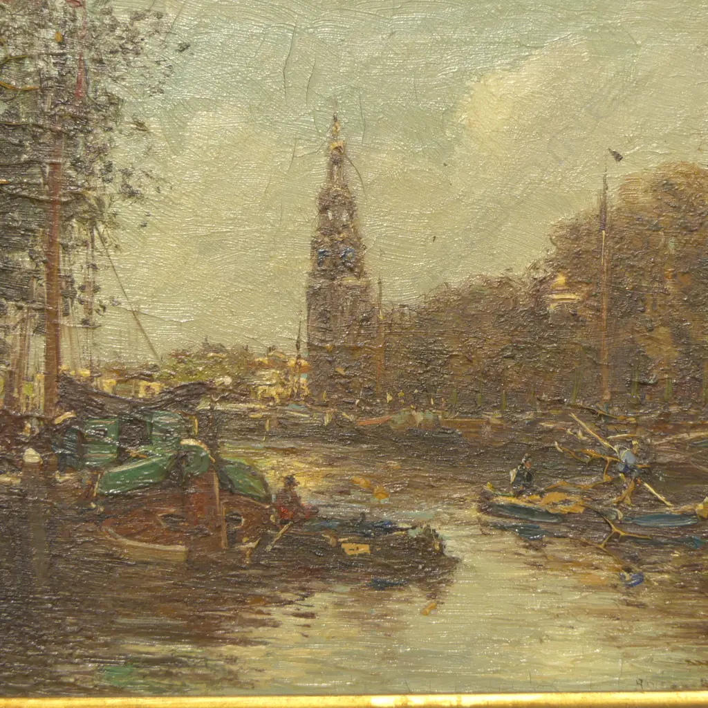 19th C. ARTIST UNKNOWN, CANAL - ROTTERDAM, OIL ON PANEL IN PERIOD FRAME, 130 X 175mm Image 1++