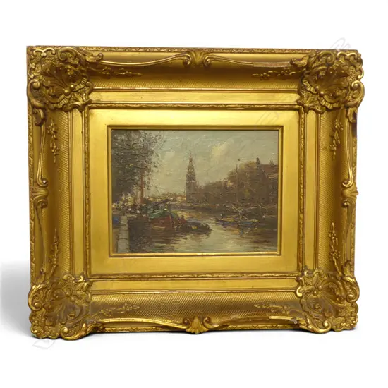 19th C. ARTIST UNKNOWN, CANAL - ROTTERDAM, OIL ON PANEL IN PERIOD FRAME, 130 X 175mm