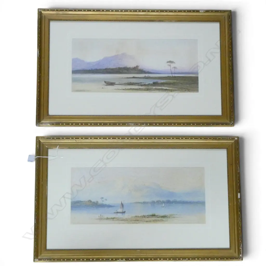 PR INDERSTINCTLY SIGNED ANTIQUE WATER COLOURS WATER BOATS & MOUNTAINS H200MM W450MM Image 1++
