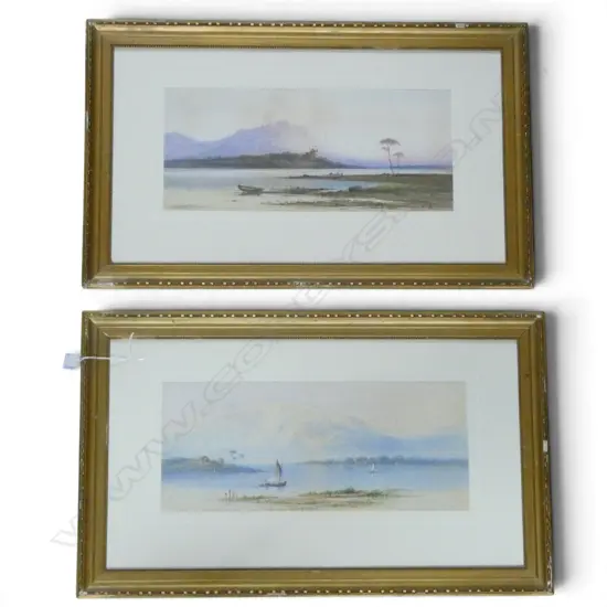 PR INDERSTINCTLY SIGNED ANTIQUE WATER COLOURS WATER BOATS & MOUNTAINS H200MM W450MM
