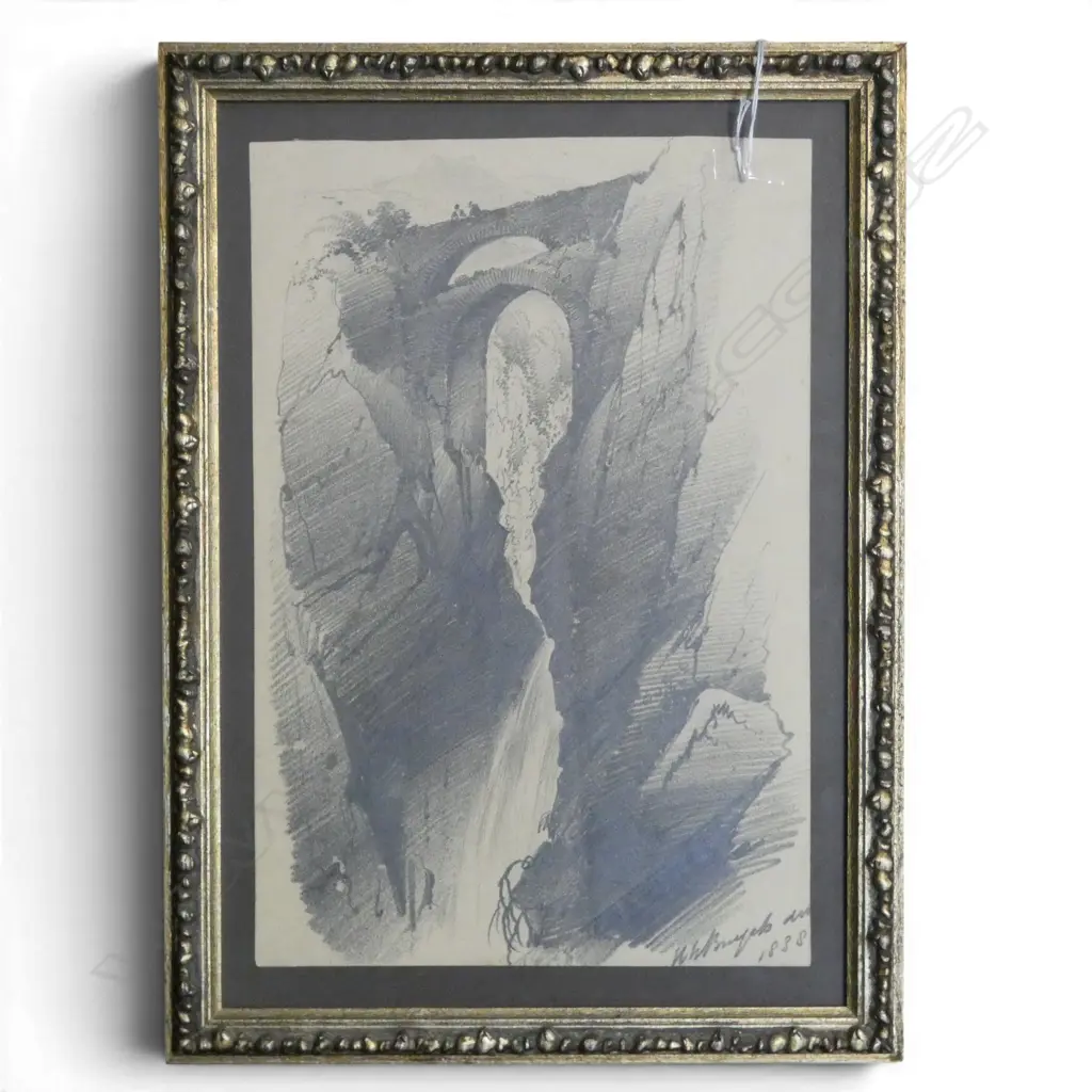 ITALIAN PENCIL SKETCH BRIDGE OVER CANYON 1838 H340 W230MM Image 1++