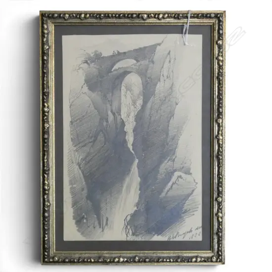 ITALIAN PENCIL SKETCH BRIDGE OVER CANYON 1838 H340 W230MM