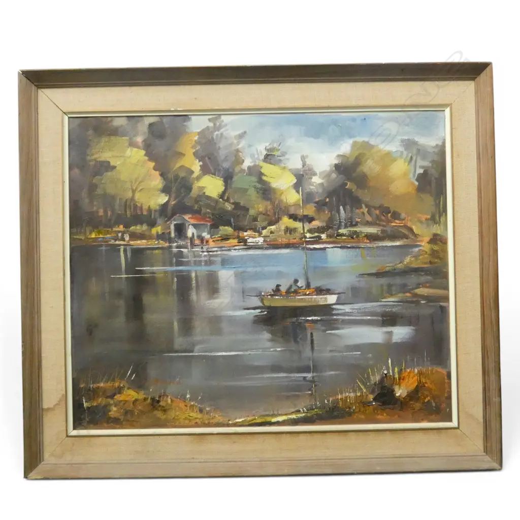 FLORENCE M LUXFORD 'NORTHCOTE REFLECTIONS AUCKLAND' OIL ON BOARD 490x595mm frame w. faults Image 1++