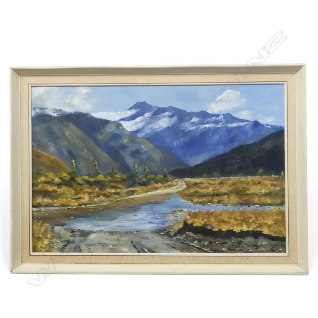 MARY WRIGHT 'MT AVALANCE FROM THE MATUKITUKI VALLEY' OIL ON BOARD 590x890mm Image 1++