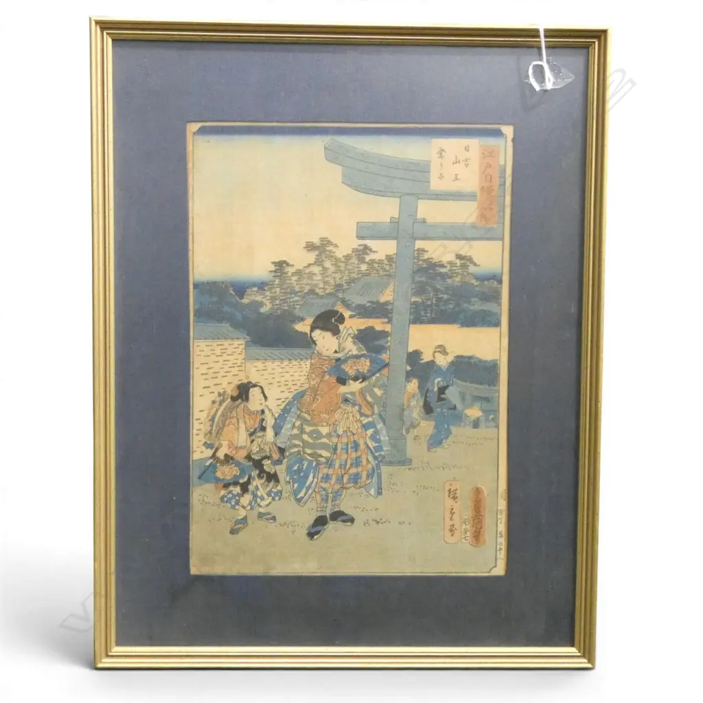 FRAMED JAPANESE WOODBLOCK LADYS AT TEMPLE H330 W230MM Image 1++
