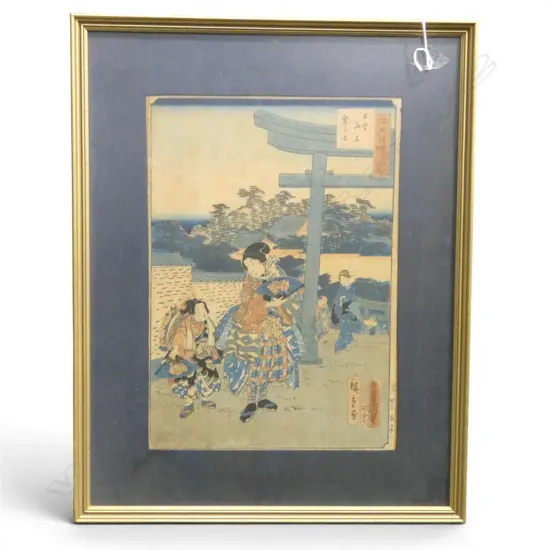 FRAMED JAPANESE WOODBLOCK LADYS AT TEMPLE H330 W230MM