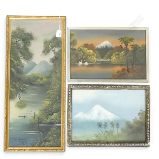 THREE NAIEVE LANDSCAPES, 'MT EGMONT, LAKE ROTOITI, SWANS ON A LAKE', ONE SIGNED J.L EAST, 600 X 240mm (largest)