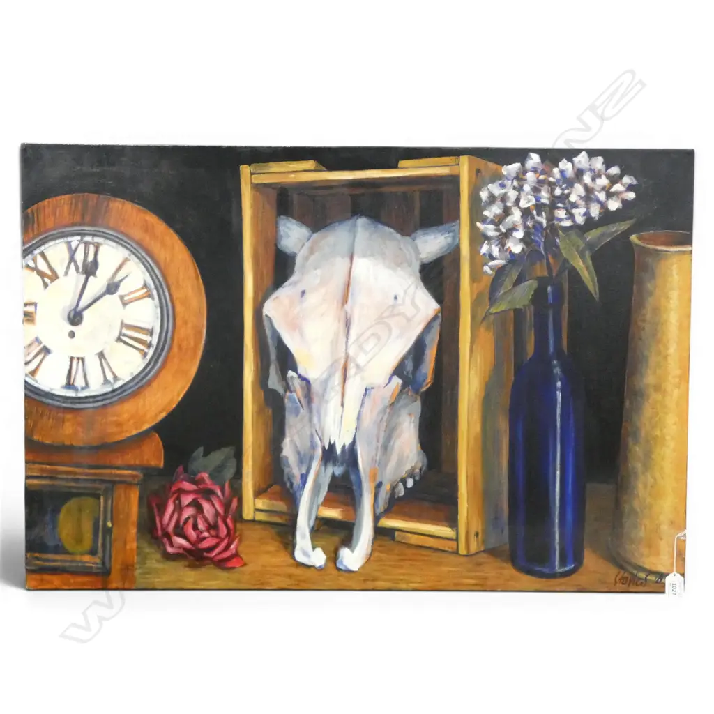 ROGER STAPLES, 'CLOCK, SKULL AND ROSE' 2005, OIL ON CANVAS, 610 X 925MM Image 1++