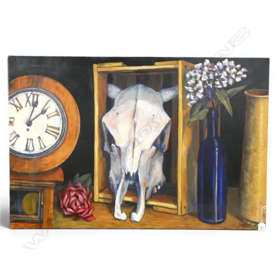 ROGER STAPLES, 'CLOCK, SKULL AND ROSE' 2005, OIL ON CANVAS, 610 X 925MM