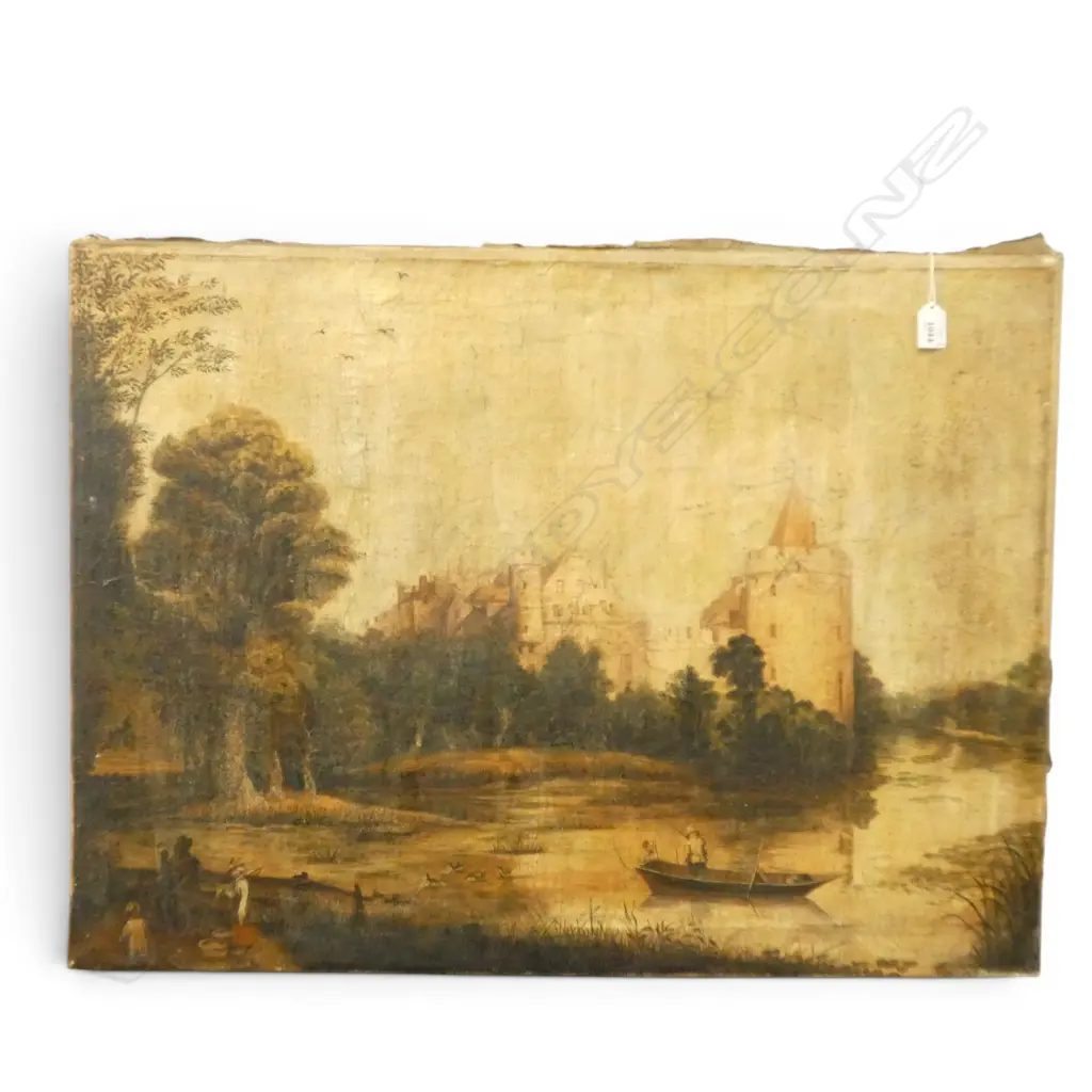 18th/19thC EUROPEAN OIL ON CANVAS of a River Side Castle some distress. 600 x 810mm Image 1++