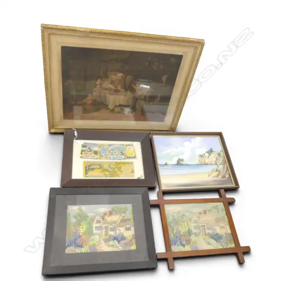 FRAMED 19TH C. PRINT, U/F DAVID HICKS PRINT AND C LARSON SEASCAPE, 2 VINTAGE EMBORIDARY, VINTAGE FRAMED LABELS