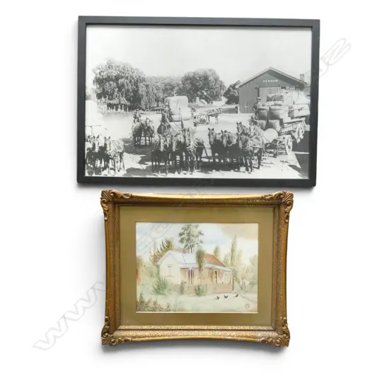 EARLY NZ SCHOOL, HOMESTEAD, WATERCOLOUR, MONOGRAMMED, 245 X 325 PLUS REPRO 19TH C. PHOTO OF SEDDON, 400  x 600MM