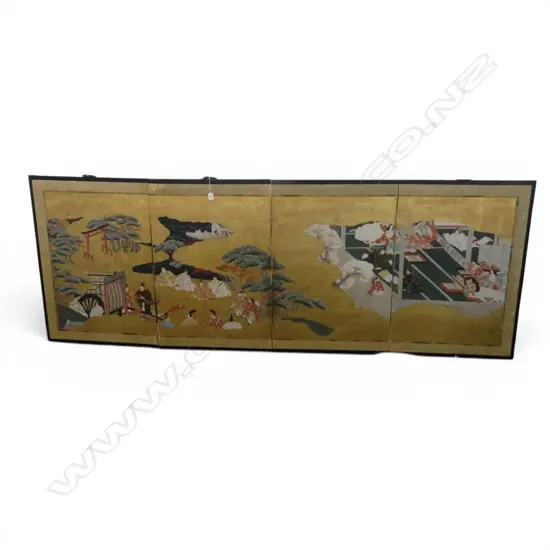 CHINESE SCHOOL, FOUR PANEL FOLDING SCREEN, GOUACHE ON GOLD PAPER, 920 X 2400mm (ONE SCREEN HAS DETACHED)