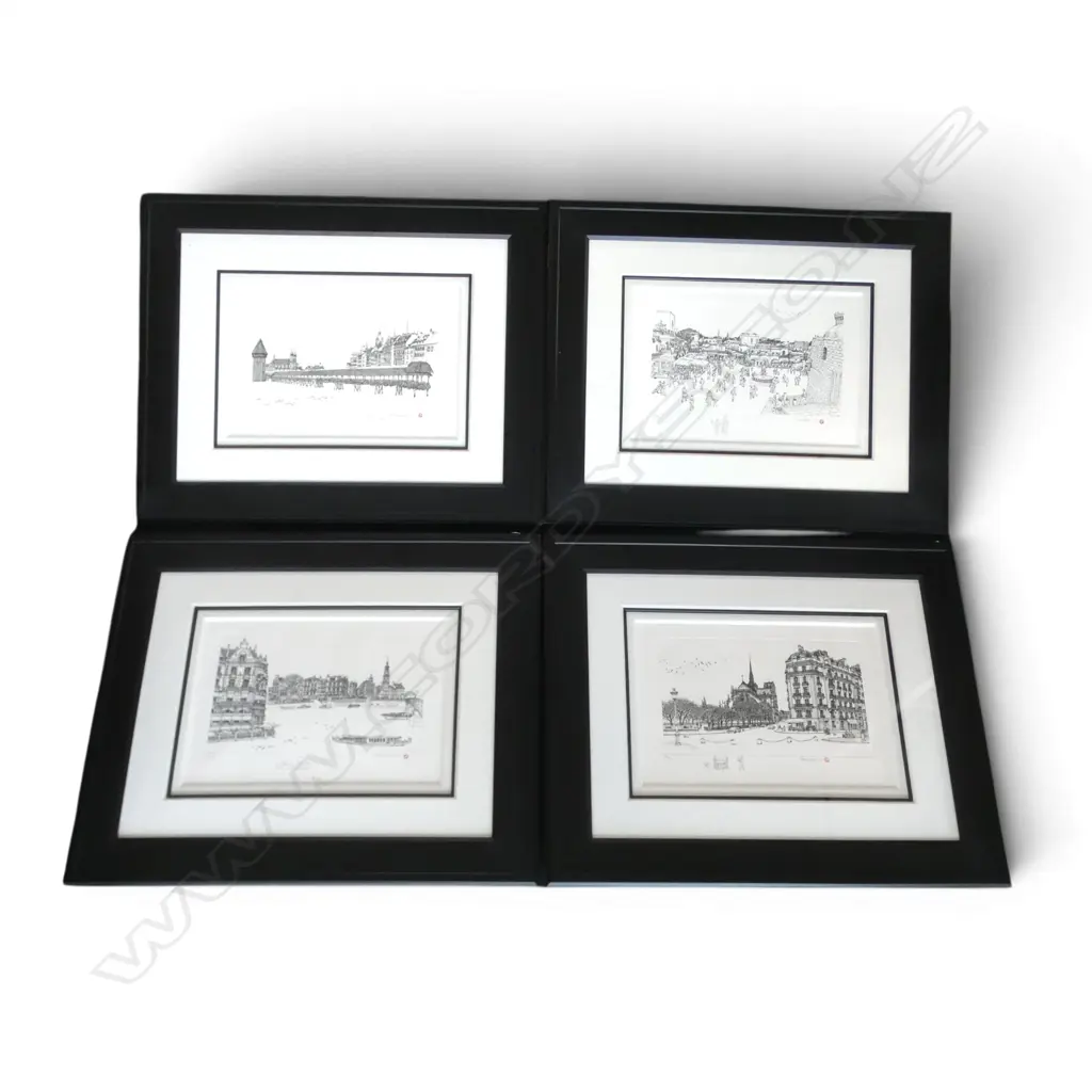 4 FRAMED ALEXANDER CHEN ETCHINGS (FRAME) 665x825mm; RHODES 28/99, CHAPEL BRIDGE 32/99, NOTRE DAME 55/99, AMSTERDAM 31/99 Image 1++