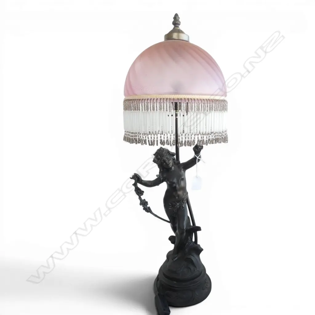 BRONZED METAL FIGURAL TABLE LAMP  PINK GLASS SHADE H700MM Image 1++