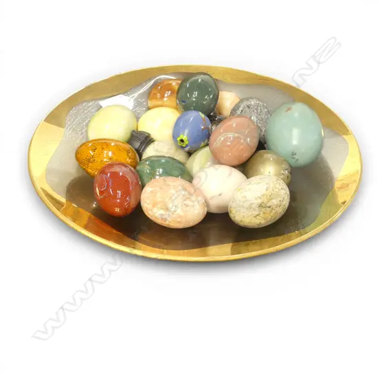 ART GLASS BOWL w. GILT RIM 325mm dia + JADE / CLOISONNE EGGS