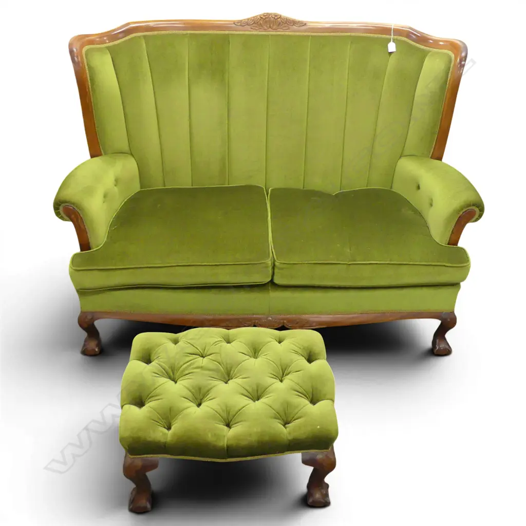 GREEN VELVET 2 SEATER SOFA + STOOL Image 1++