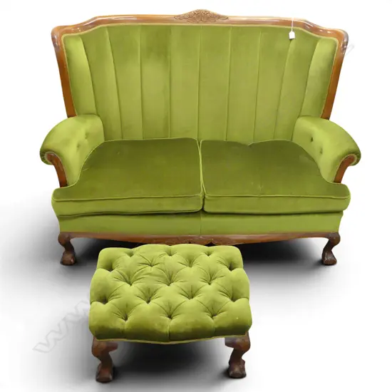 GREEN VELVET 2 SEATER SOFA + STOOL