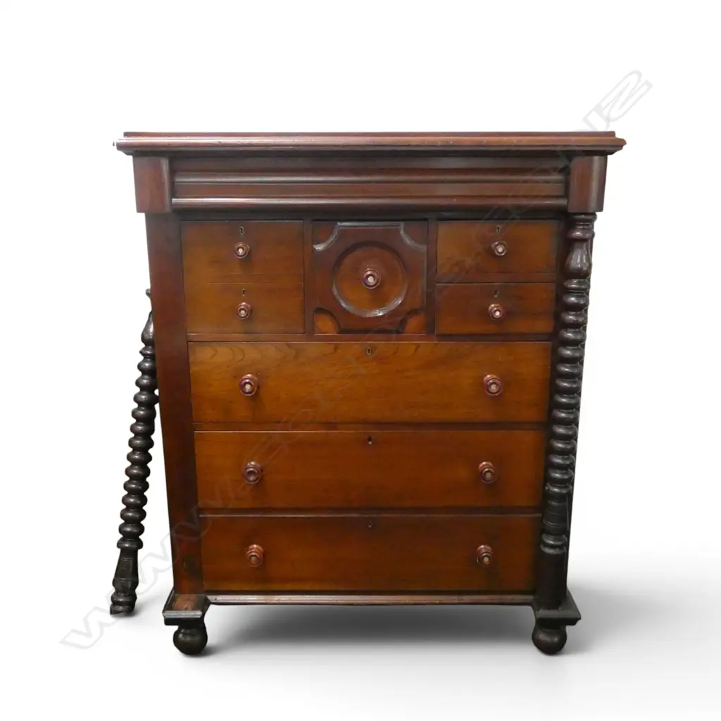 ANTIQUE MAHOGANY CHEST OF DRAWERS 1140x535x1410mm LEFT BARLEY TWIST NOT SECURED Image 1++