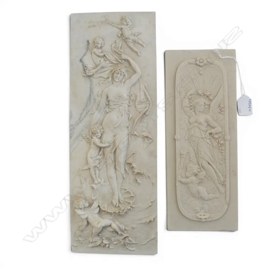 A ANTIQUE FRENCH MARBLE WALL PLAQUESH430 & 330MMSIGNED FRANCOIS DUQUESNOY  BRONZE PLAQUES TO BACKS  Image 1++