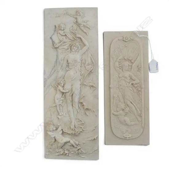 A ANTIQUE FRENCH MARBLE WALL PLAQUESH430 & 330MMSIGNED FRANCOIS DUQUESNOY  BRONZE PLAQUES TO BACKS 