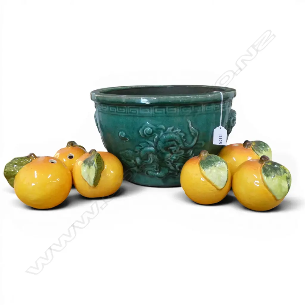 GREEN GLAZED CHINESE DRAGON POT DIA310MM & 6 CHINA ORANGE FRUITS Image 1++