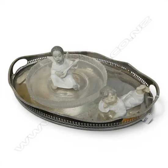 SILVER PLATE OVAL TRAY W.460mm, THOMAS GLASS BOWL 245mm dia, 2 LLADRO ANGELS