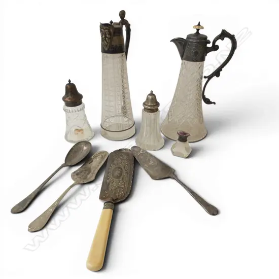 2 EP & CRYSTAL CLARET JUGS H.295mm, 4 PCES SERVING CUTLERY, 3 CONTAINERS (SMALLEST w. STG LID AF)