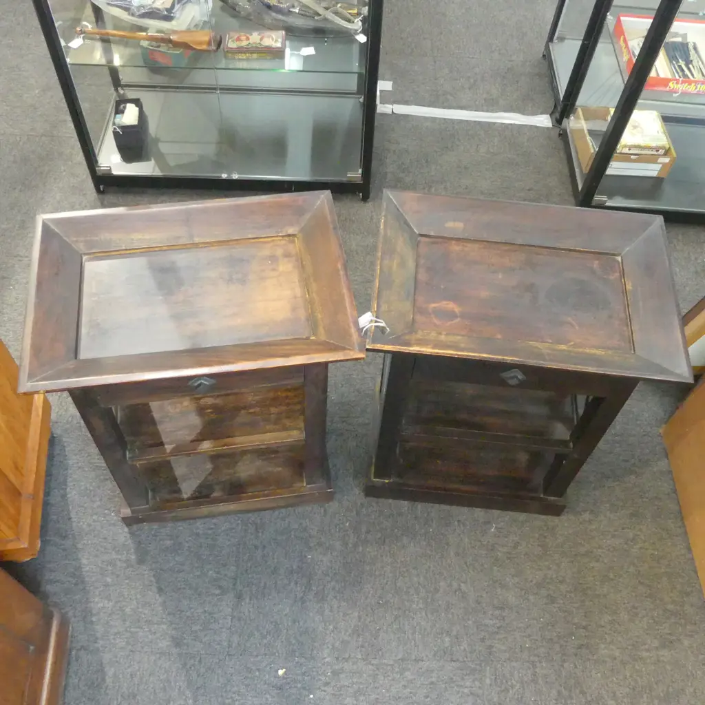 PAIR ORIENTAL STYLE DARK WOOD SIDE TABLES, L.500MM H. 830MM W.345MM Image 1++