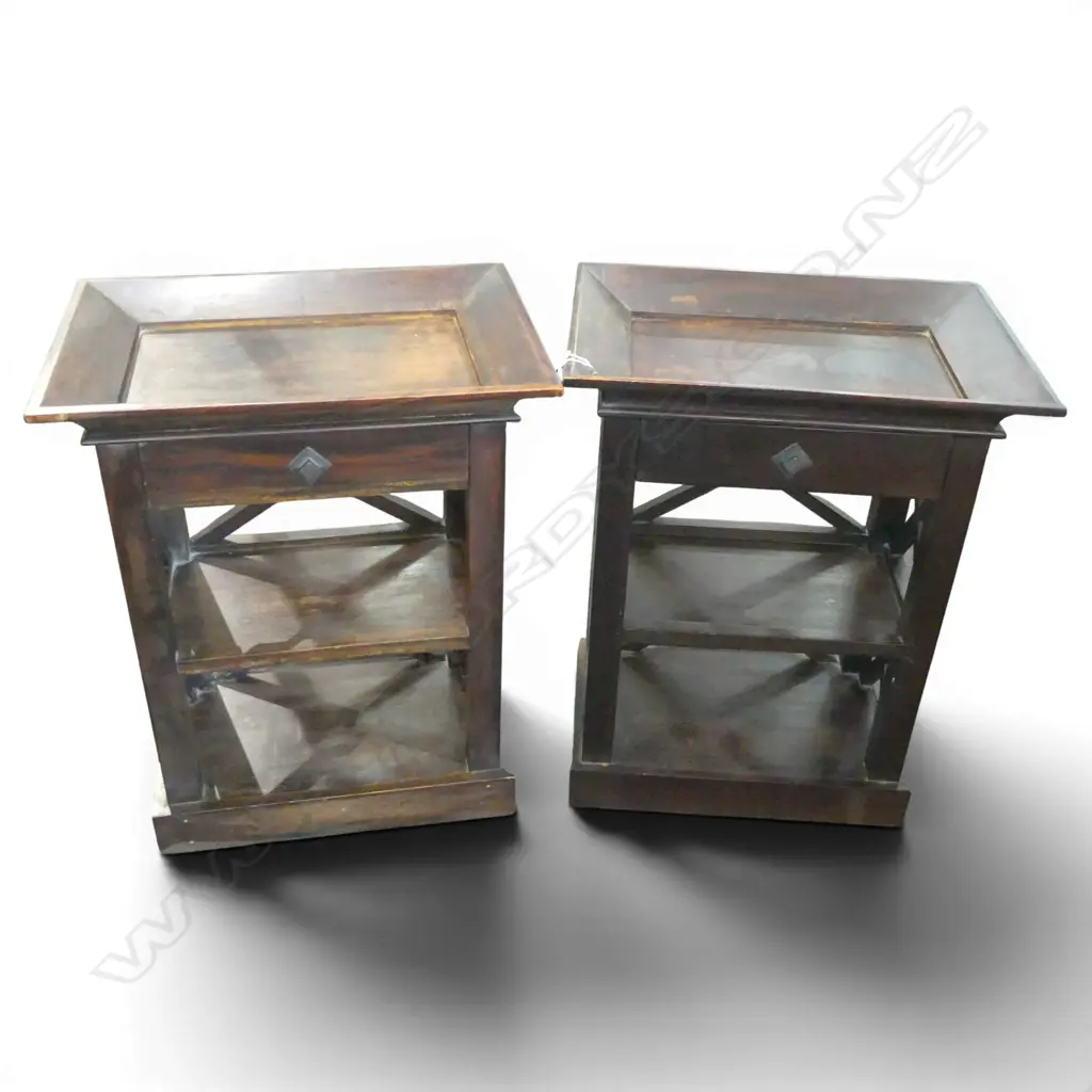 PAIR ORIENTAL STYLE DARK WOOD SIDE TABLES, L.500MM H. 830MM W.345MM Image 1++
