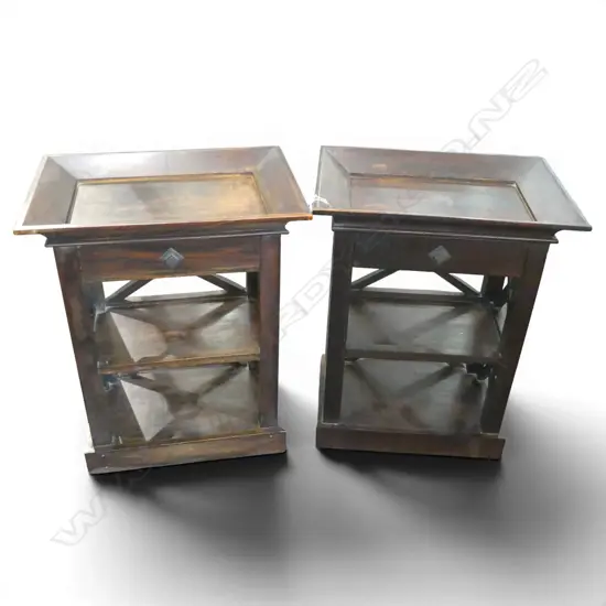 PAIR ORIENTAL STYLE DARK WOOD SIDE TABLES, L.500MM H. 830MM W.345MM