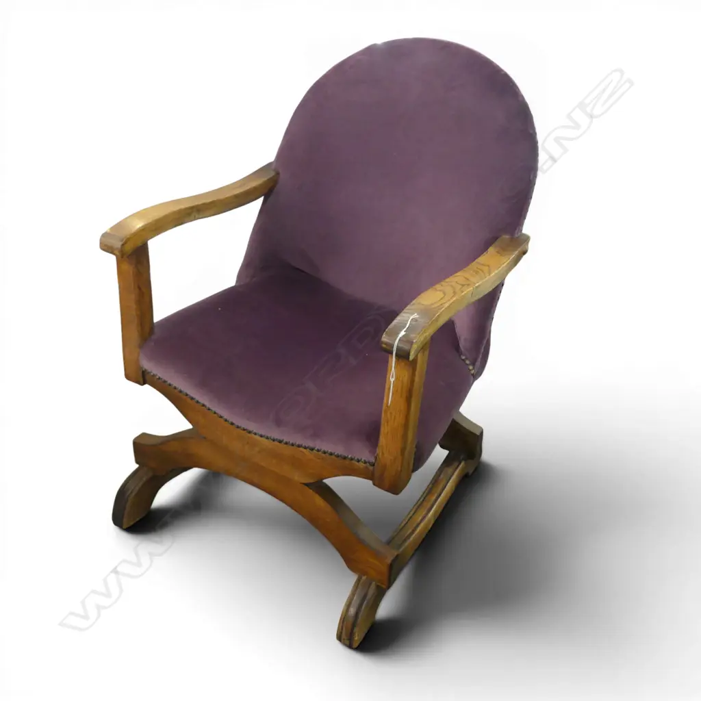 OAK X-FRAME CHAIR, PURPLE VELVET UPHOLSTERY Image 1++